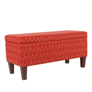 Benzara Geometric Patterned Fabric Upholstered Wooden Bench with Hinged Storage, Large, Orange and Brown BM195792 Orange and Brown Chenille Fabric, Wood and Plywood BM195792