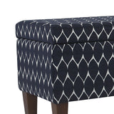 Benzara Geometric Patterned Fabric Upholstered Wooden Bench with Hinged Storage, Large, Blue and Brown BM195793 Blue and Brown Chenille Fabric, Wood and Plywood BM195793