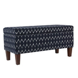 Benzara Geometric Patterned Fabric Upholstered Wooden Bench with Hinged Storage, Large, Blue and Brown BM195793 Blue and Brown Chenille Fabric, Wood and Plywood BM195793