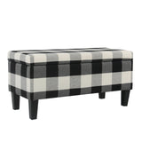 Benzara Checkered Pattern Fabric Upholstered Storage Bench With Tapered Wood Legs, Large, Black and White BM195794 Black and White Fabric, Wood and Plywood BM195794