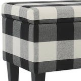 Benzara Checkered Pattern Fabric Upholstered Storage Bench With Tapered Wood Legs, Large, Black and White BM195794 Black and White Fabric, Wood and Plywood BM195794