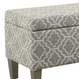 Benzara Geometric Trellis Patterned Fabric upholstered Wooden Bench With Storage, Large, Gray and Cream BM195795 Gray and Cream Fabric, Wood and Plywood BM195795