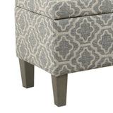 Benzara Geometric Trellis Patterned Fabric upholstered Wooden Bench With Storage, Large, Gray and Cream BM195795 Gray and Cream Fabric, Wood and Plywood BM195795