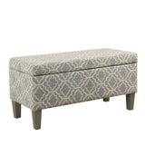 Benzara Geometric Trellis Patterned Fabric upholstered Wooden Bench With Storage, Large, Gray and Cream BM195795 Gray and Cream Fabric, Wood and Plywood BM195795