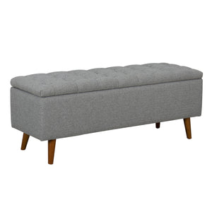 Benzara Tufted Storage Bench With Button Tufted Top, Hinged Seat Storage And Splayed Wood Feet, Light Gray BM195804 Gray Polyester, Cotton, Wood BM195804