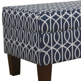 Benzara Printed Trellis Patterned Upholstered Bench With Hinged Lid Storage And Wood Feet, Large, Blue BM195805 Blue Wood and Cotton BM195805