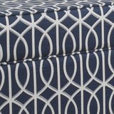 Benzara Printed Trellis Patterned Upholstered Bench With Hinged Lid Storage And Wood Feet, Large, Blue BM195805 Blue Wood and Cotton BM195805