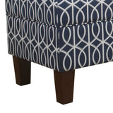 Benzara Printed Trellis Patterned Upholstered Bench With Hinged Lid Storage And Wood Feet, Large, Blue BM195805 Blue Wood and Cotton BM195805