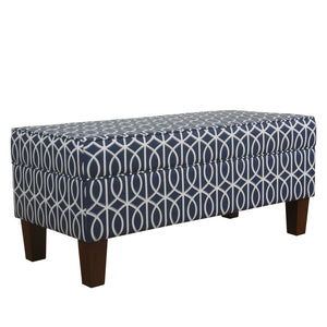 Benzara Printed Trellis Patterned Upholstered Bench With Hinged Lid Storage And Wood Feet, Large, Blue BM195805 Blue Wood and Cotton BM195805