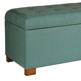 Benzara Polyester Upholstery Bench With Button Tufted Hinged Lid Storage And Wood Feet, Large, Teal BM195808 Blue Wood and Polyester BM195808