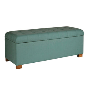 Benzara Polyester Upholstery Bench With Button Tufted Hinged Lid Storage And Wood Feet, Large, Teal BM195808 Blue Wood and Polyester BM195808