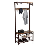 Benzara Wood and Metal Frame Hall Tree with 5 Dual Hooks, Rustic Brown and Black BM195868 Brown and Black Metal and MDF BM195868