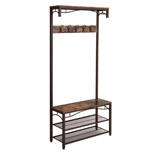 Benzara Wood and Metal Frame Hall Tree with 5 Dual Hooks, Rustic Brown and Black BM195868 Brown and Black Metal and MDF BM195868