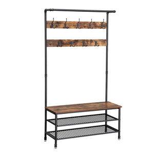 Benzara Metal Coat Rack with Wooden Bench and Two Wire Meshed Shelves, Brown and Black BM195871 Brown and Black Metal and Particle Board BM195871