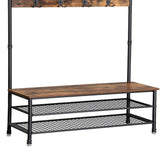 Benzara Metal Coat Rack with Wooden Bench and Two Wire Meshed Shelves, Brown and Black BM195871 Brown and Black Metal and Particle Board BM195871