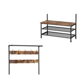 Benzara Metal Coat Rack with Wooden Bench and Two Wire Meshed Shelves, Brown and Black BM195871 Brown and Black Metal and Particle Board BM195871