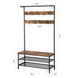 Benzara Metal Coat Rack with Wooden Bench and Two Wire Meshed Shelves, Brown and Black BM195871 Brown and Black Metal and Particle Board BM195871