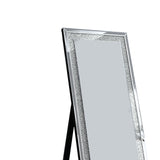 Benzara Faux Crystal Accented Wooden Framed Floor Mirror with Beveled Sides, Silver BM195974 Silver Mirror, Glass, Faux Crystals and Solid Wood BM195974