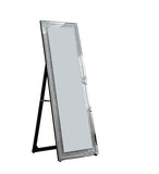 Faux Crystal Accented Wooden Framed Floor Mirror with Beveled Sides, Silver