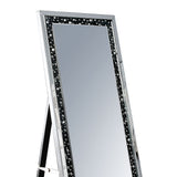 Benzara Rectangular Wooden Frame Floor Mirror with Faux Crystal Inlay, Black BM195975 Black Solid Wood, Faux Crystals and Mirror BM195975