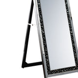 Benzara Rectangular Wooden Frame Floor Mirror with Faux Crystal Inlay, Black BM195975 Black Solid Wood, Faux Crystals and Mirror BM195975