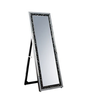 Benzara Rectangular Wooden Frame Floor Mirror with Faux Crystal Inlay, Black BM195975 Black Solid Wood, Faux Crystals and Mirror BM195975