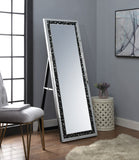 Benzara Rectangular Wooden Frame Floor Mirror with Faux Crystal Inlay, Black BM195975 Black Solid Wood, Faux Crystals and Mirror BM195975