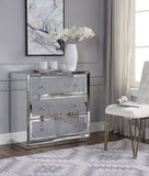 Benzara Three Drawers Wooden Cabinet with Mirrored Paneling and Faux Crystal Inlay, Clear BM195986 Clear Mirror, Glass, Faux Crystals and Composite Wood BM195986