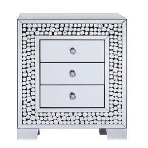 Benzara Faux Crystal Inlaid Wooden Nightstand with Three Spacious Drawers, Clear and Black BM195987 Clear and Black Mirror, Composite Wood and Faux Crystals BM195987