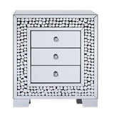 Benzara Faux Crystal Inlaid Wooden Nightstand with Three Spacious Drawers, Clear and Black BM195987 Clear and Black Mirror, Composite Wood and Faux Crystals BM195987