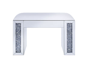 Benzara Wood and Mirror Vanity Stool with Leatherette Upholstered Seat, White and Clear BM196010 White and Clear Glass, Faux Crystals,Faux Leather & Composite Wood BM196010