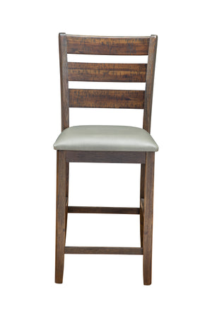 Benzara Wooden Pub Height Chairs With Slatted Back and Footrest, Set of Two, Brown and Gray BM196018 Brown and White Rubber Wood, Acacia Solids, MDF and Faux Leather BM196018