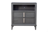 Transitional Style Wooden Media Chest With Two Drawers and One Open Shelf, Gray