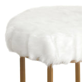 Benzara Round Faux Fur Upholstered Stool with X Shape Metal Base, White and Gold BM196053 White and Gold Faux Fur and Metal BM196053