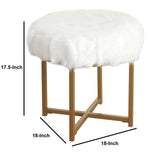 Benzara Round Faux Fur Upholstered Stool with X Shape Metal Base, White and Gold BM196053 White and Gold Faux Fur and Metal BM196053