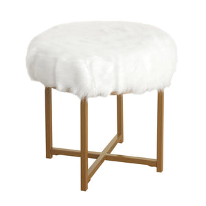 Benzara Round Faux Fur Upholstered Stool with X Shape Metal Base, White and Gold BM196053 White and Gold Faux Fur and Metal BM196053