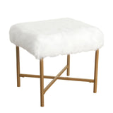 Benzara Square Faux Fur Upholstered Stool with Tubular Metal Legs and X Shape Base, White and Gold BM196055 White and Gold Faux Fur and Metal BM196055