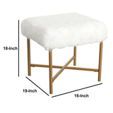Benzara Square Faux Fur Upholstered Stool with Tubular Metal Legs and X Shape Base, White and Gold BM196055 White and Gold Faux Fur and Metal BM196055