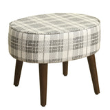Plaid Pattern Fabric Upholstered Oval Stool with Wooden Tapered Legs, Black and White