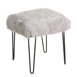 Benzara Metal Framed Stool with Faux Fur Upholstered Seat and Hairpin Legs, Gray and Black BM196072 Gray and Black Faux Fur and Metal BM196072