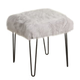 Metal Framed Stool with Faux Fur Upholstered Seat and Hairpin Legs, Gray and Black