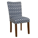 Benzara Trellis Patterned Fabric Upholstered Parsons Chair with Wooden Legs, Blue and White, Set of Two BM196082 Blue and White Fabric, Hardwood and Plywood BM196082