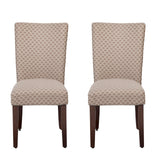 Benzara Quatrefoil Diamond Pattern Fabric Upholstered Chair with Wooden Legs, Brown and Cream, Set of Two BM196092 Brown and Cream Fabric, Hardwood and Plywood BM196092