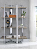 Benzara Geometric Metal Framed Bookshelf with Four Open Wooden Shelves, Brown and Silver BM196196 Brown and Silver Metal, Engineered Wood and Veneer BM196196