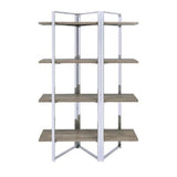 Geometric Metal Framed Bookshelf with Four Open Wooden Shelves, Brown and Silver