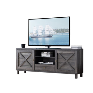 Benzara Transitional Wooden TV Stand with Two Side Door Cabinets and Spacious Storage, Gray BM196206 Gray Wood BM196206