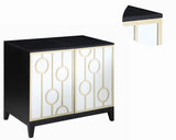 Benzara Wood and Metal Server with Mirrored Doors and Geometric Designs, Black and Gold BM196253 Black and Gold Metal and Plywood BM196253