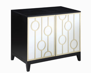 Benzara Wood and Metal Server with Mirrored Doors and Geometric Designs, Black and Gold BM196253 Black and Gold Metal and Plywood BM196253