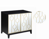 Benzara Wood and Metal Server with Mirrored Doors and Geometric Designs, Black and Gold BM196253 Black and Gold Metal and Plywood BM196253