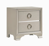 Two Drawers Wooden Nightstand with Oversized Ring Handles, Silver